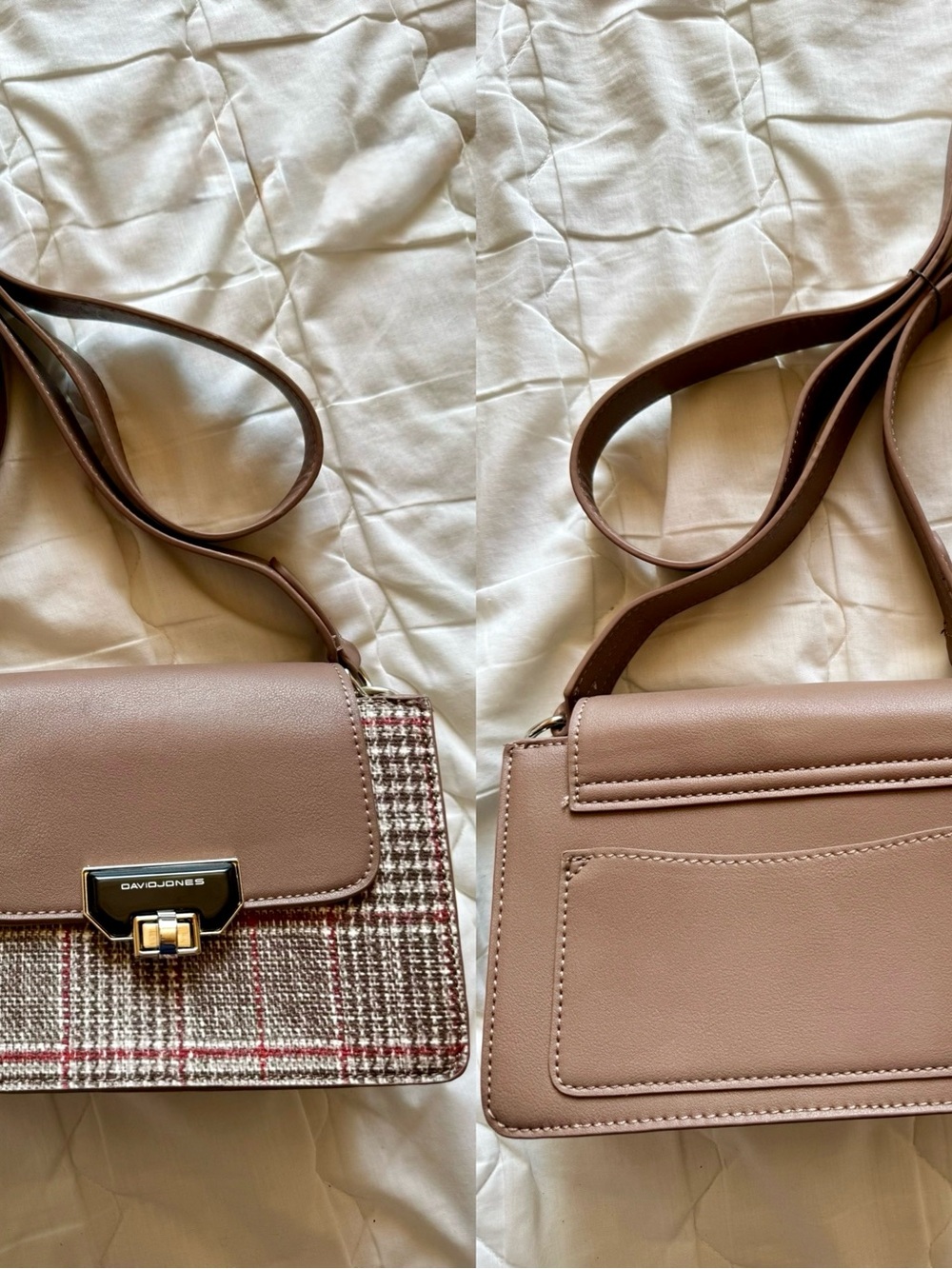 David Jones Taupe Plaid Crossbody Bag with Gold Hardware